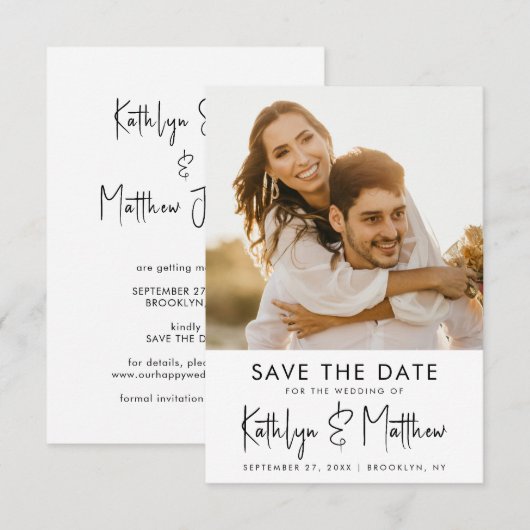 Save The Date Natural White Fun Script Mariage photo moderne (Devant / Derrière)