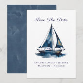 Save The Date Navy Blue and Gold Sailboat Nautical Wedding (Devant / Derrière)