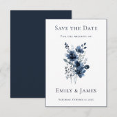 Save The Date Navy Blue Botanical Wedding (Devant / Derrière)