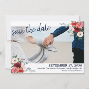 Save The Date Navy Blue Burgundy Coral Floral Photo Mariage