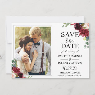 Save The Date Navy Blue Burgundy Rustic Floral Photo Mariage