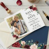 Save The Date Navy Blue Burgundy Rustic Floral Photo Mariage