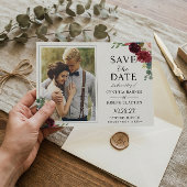 Save The Date Navy Blue Burgundy Rustic Floral Photo Mariage