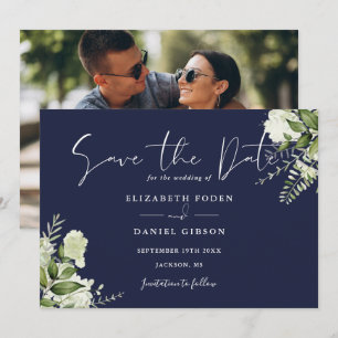 Save The Date Navy Blue Élégant Floral de Verdure Photo Mariage