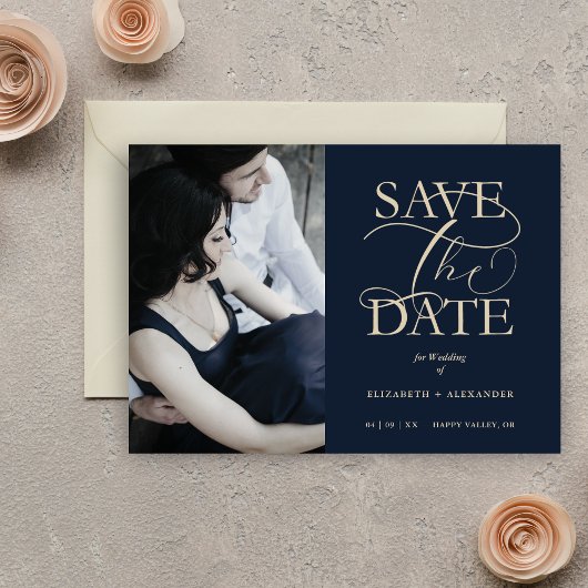 Save The Date Navy Blue Fancy Trendy Wedding Photo Faux Gold