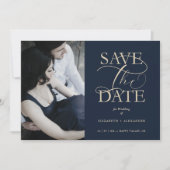 Save The Date Navy Blue Fancy Trendy Wedding Photo Faux Gold (Devant)