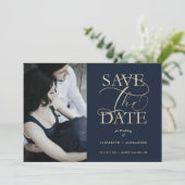 Save The Date Navy Blue Fancy Trendy Wedding Photo Faux Gold (Debout devant)