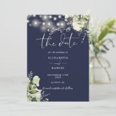 Save The Date Navy Blue Floral Greenery String Lights Wedding (Debout devant)
