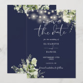 Save The Date Navy Blue Floral Greenery String Lights Wedding (Devant / Derrière)