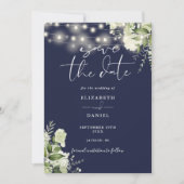 Save The Date Navy Blue Floral String Lights QR Code Wedding (Devant)