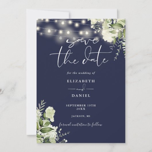 Save The Date Navy Blue Floral String Lights QR Code Wedding (Devant)