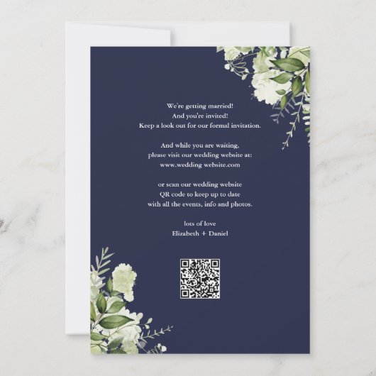 Save The Date Navy Blue Floral String Lights QR Code Wedding (Dos)