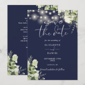Save The Date Navy Blue Floral String Lights QR Code Wedding (Devant / Derrière)