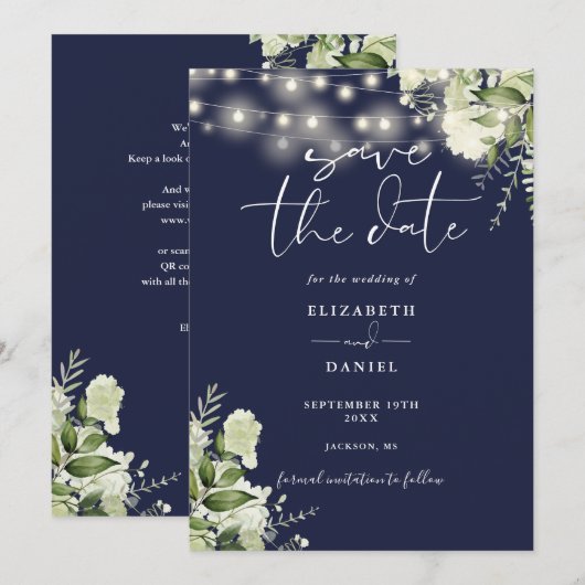 Save The Date Navy Blue Floral String Lights QR Code Wedding (Devant / Derrière)