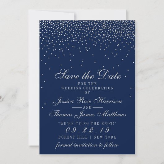 Save The Date Navy Blue & Glam Silver Confetti Enregistrer La Da (Devant)