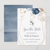 Save The Date Navy blue & gold roses Enregistrez la Date (Devant / Derrière)
