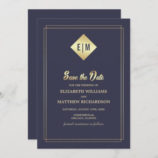 Save the date. Navy Blue Gold Wedding Kaart (Voorkant / Achterkant)