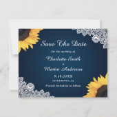 Save The Date Navy Blue Lace Tournesol 3 Photo Enregistrer La Da (Dos)