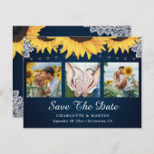 Save The Date Navy Blue Lace Tournesol 3 Photo Enregistrer La Da (Devant / Derrière)