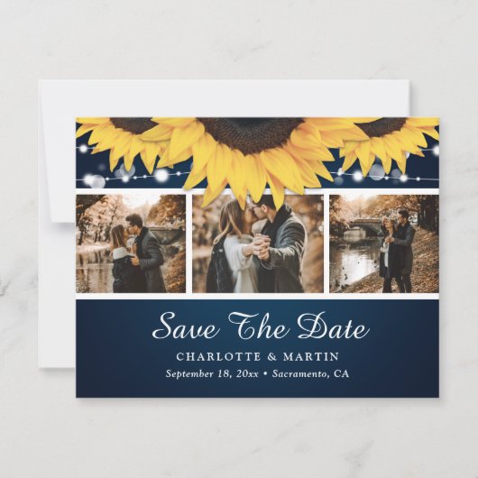 Save The Date Navy Blue Lace Tournesol Photo Enregistrer Les Car (Devant)
