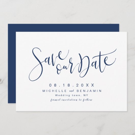 Save The Date Navy Blue Modern Simple Script Enregistrer La Date (Devant / Derrière)