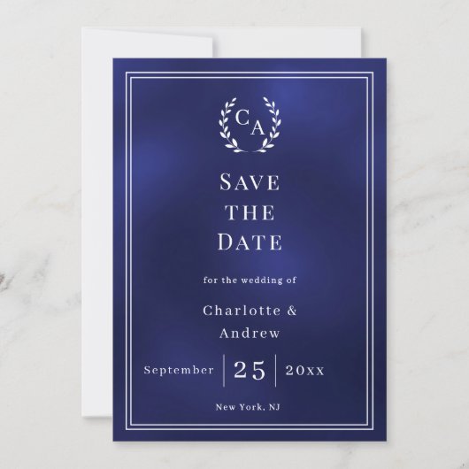 Save The Date Navy blue monogram wreath wedding (Devant)