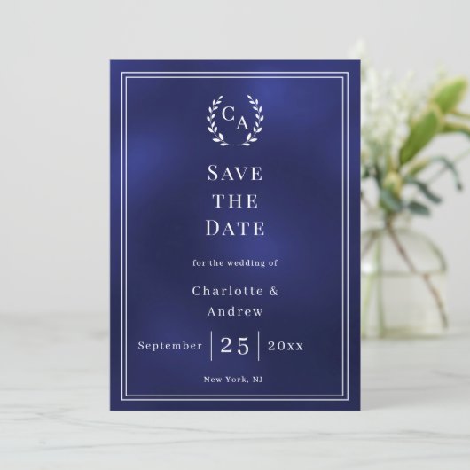 Save The Date Navy blue monogram wreath wedding (Debout devant)