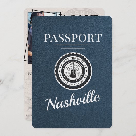 Save The Date Navy Blue Nashville Passport Enregistrer La Date (Devant / Derrière)