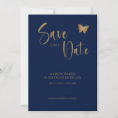 Save The Date Navy Blue & Or Script : Mariage Papillon Pailleté (Devant)