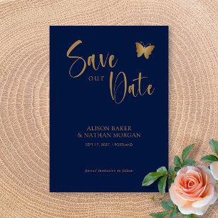 Save The Date Navy Blue & Or Script : Mariage Papillon Pailleté