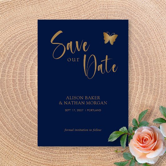 Save The Date Navy Blue & Or Script : Mariage Papillon Pailleté
