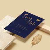 Save The Date Navy Blue & Or Script : Mariage Papillon Pailleté