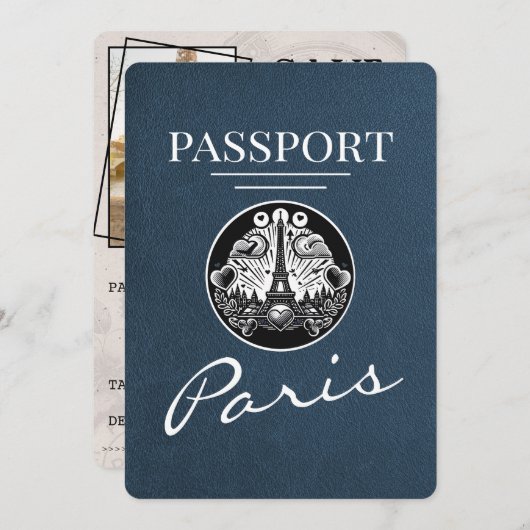 Save The Date Navy Blue Paris Passport Enregistrer La Date (Devant / Derrière)
