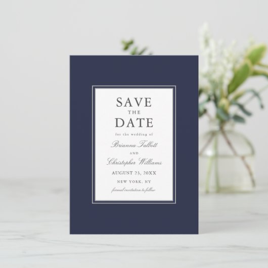 Save The Date Navy Blue Simple Elegant Enregistrer la date avec  (Debout devant)