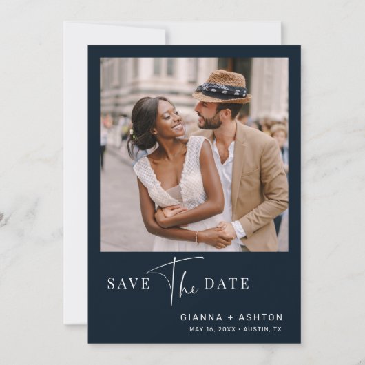 Save The Date Navy Blue Simple Modern Script Mariage photo (Devant)