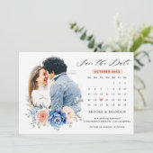 Save The Date Navy Blue Slate Dusty Blush Floral Mariage Photo  (Debout devant)