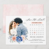 Save The Date Navy Blue Slate Dusty Blush Floral Mariage Photo  (Devant / Derrière)
