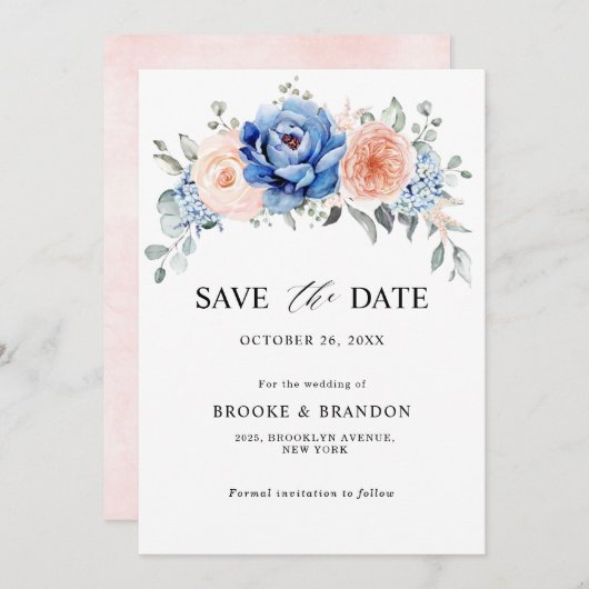Save The Date Navy Blue Slate Dusty Blush Rose Florale Mariage (Devant / Derrière)