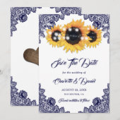 Save The Date Navy Blue Sunflower Floral Lace Rustic Wedding (Devant / Derrière)