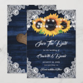 Save The Date Navy Blue Sunflower String Lights Floral Lace Wood (Devant / Derrière)