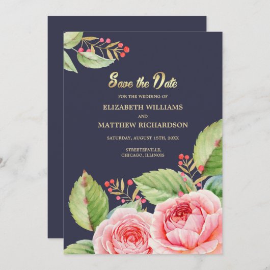 Save the date. Navy Blue Waterverf Floral Kaart (Voorkant / Achterkant)