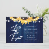 Save The Date Navy Blue Wood String Lights Sunflower Wedding (Debout devant)