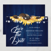 Save The Date Navy Blue Wood String Lights Sunflower Wedding (Devant / Derrière)