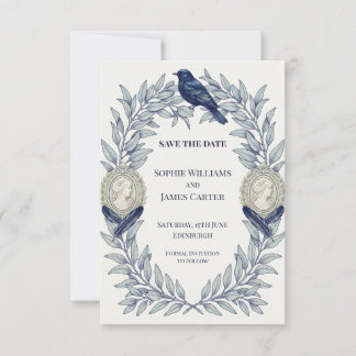 Save The Date Navy et Sage Cameo Oiseau Vintage