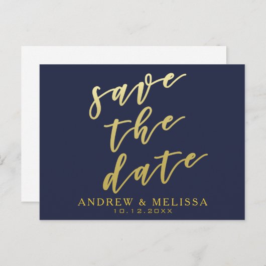 Save the date | Navy & Faux Gold Script-Briefkaart Aankondigingskaart (Voorkant / Achterkant)