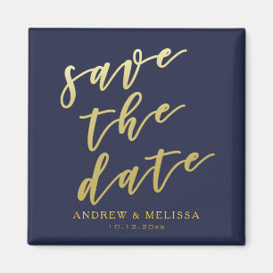 Save the date   Navy & Faux Gold Script Magneet