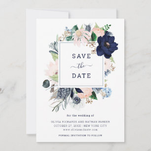 Save The Date Navy Floral et Rayures Maritimes