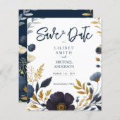 Save the Date Navy Geel Goud Bloemen Elegant (Voorkant / Achterkant)