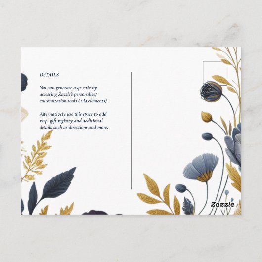 Save the Date Navy Geel Goud Bloemen Elegant Briefkaart (Achterkant)