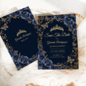Save The Date Navy Gold Butterflies Roses Quinceanera
